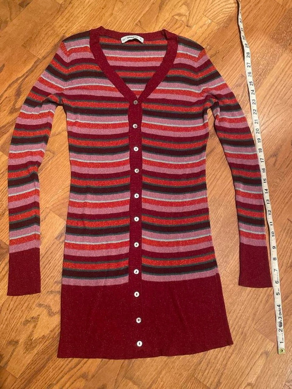 Striped V-Neck Long Cardigan Dress in Burgundy and Pink